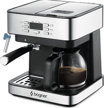 Bogner 2-in-1 Coffee Maker - 20 Bar Espresso and 12-Cup Drip Coffee Maker